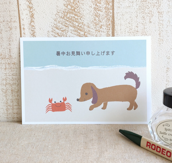 暑中見舞いハガキ/ダックスフンドとカニ〈暑中見舞い・残暑見舞いハガキ〉ポストカード 3枚目の画像