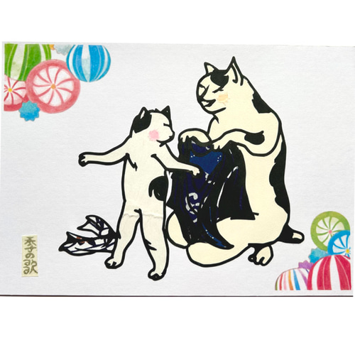 切り絵”和好み”【夏・行水猫】 切り絵 手づくり和雑貨 紙工房季