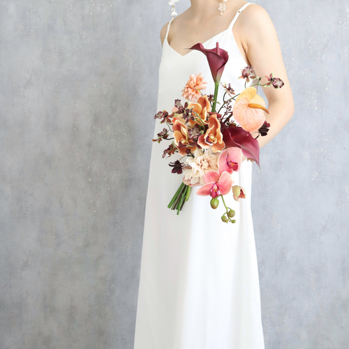 テラコッタとバーガンディのウェディングブーケ 造花ブーケ 胡蝶蘭