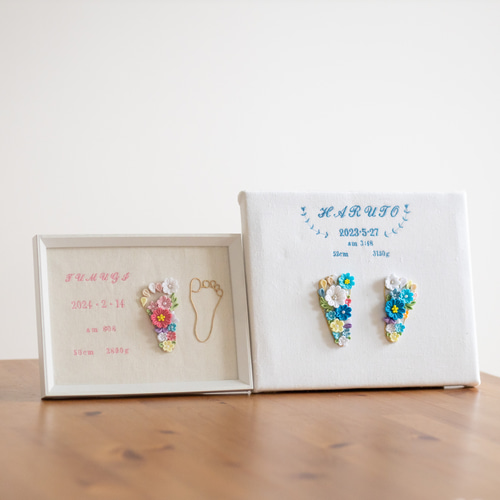 命名書 足形 刺繍 ベビー つまみ細工 お花 足型 赤ちゃん 出産