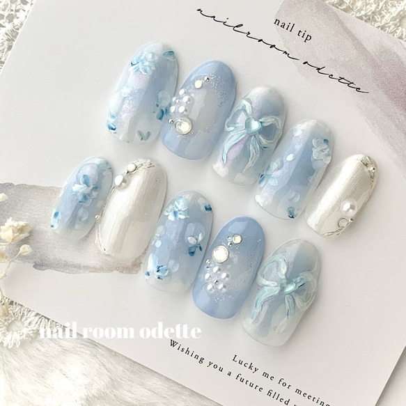 【オーダー】ネイルチップ　パール　ピクシー　ブルー　リボン 即納可 現品ネイルチップ ちゅるんピンク リボンネイル ピクシー
