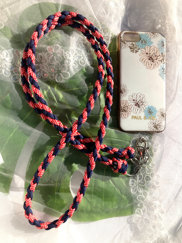 完成品 スマホ•ショルダー パラコード 四つ編み ネイビー