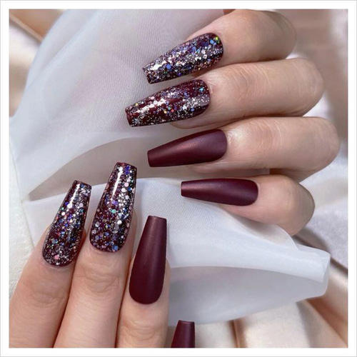 N420》既成ネイルチップ24枚セット ボルドー 紫 成人式 ラメ