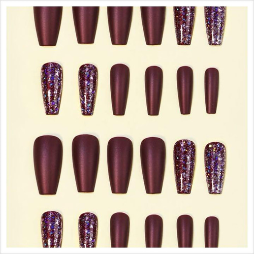 N420》既成ネイルチップ24枚セット ボルドー 紫 成人式 ラメ ギャル