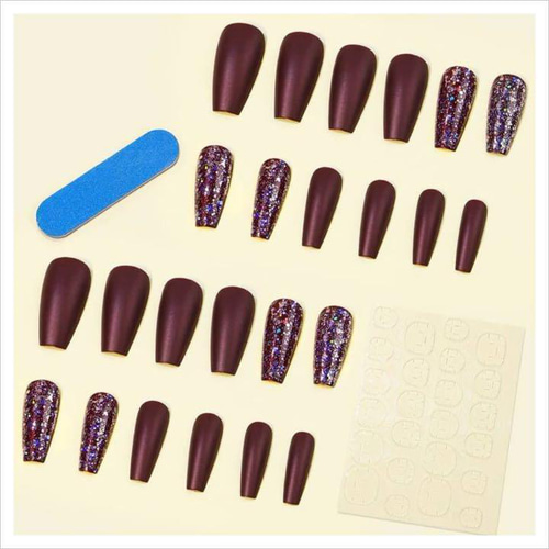 N420》既成ネイルチップ24枚セット ボルドー 紫 成人式 ラメ ギャル