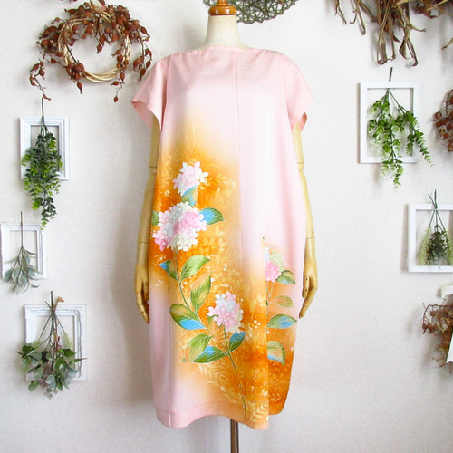 大きめサイズ】着物ドレス◎紫陽花◎細見え縦長シルエット&オール  