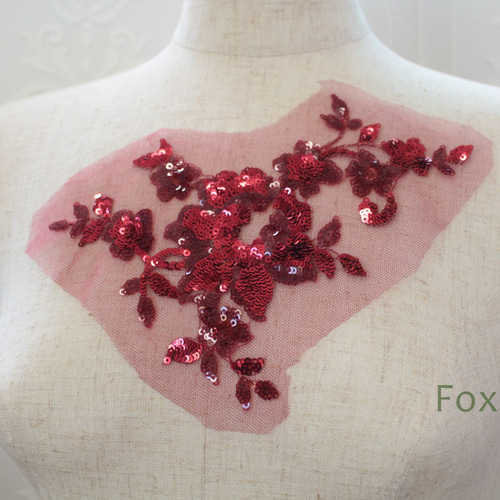 チュールスパンコール刺繍モチーフ 1枚 花 フラワー ワイン・赤