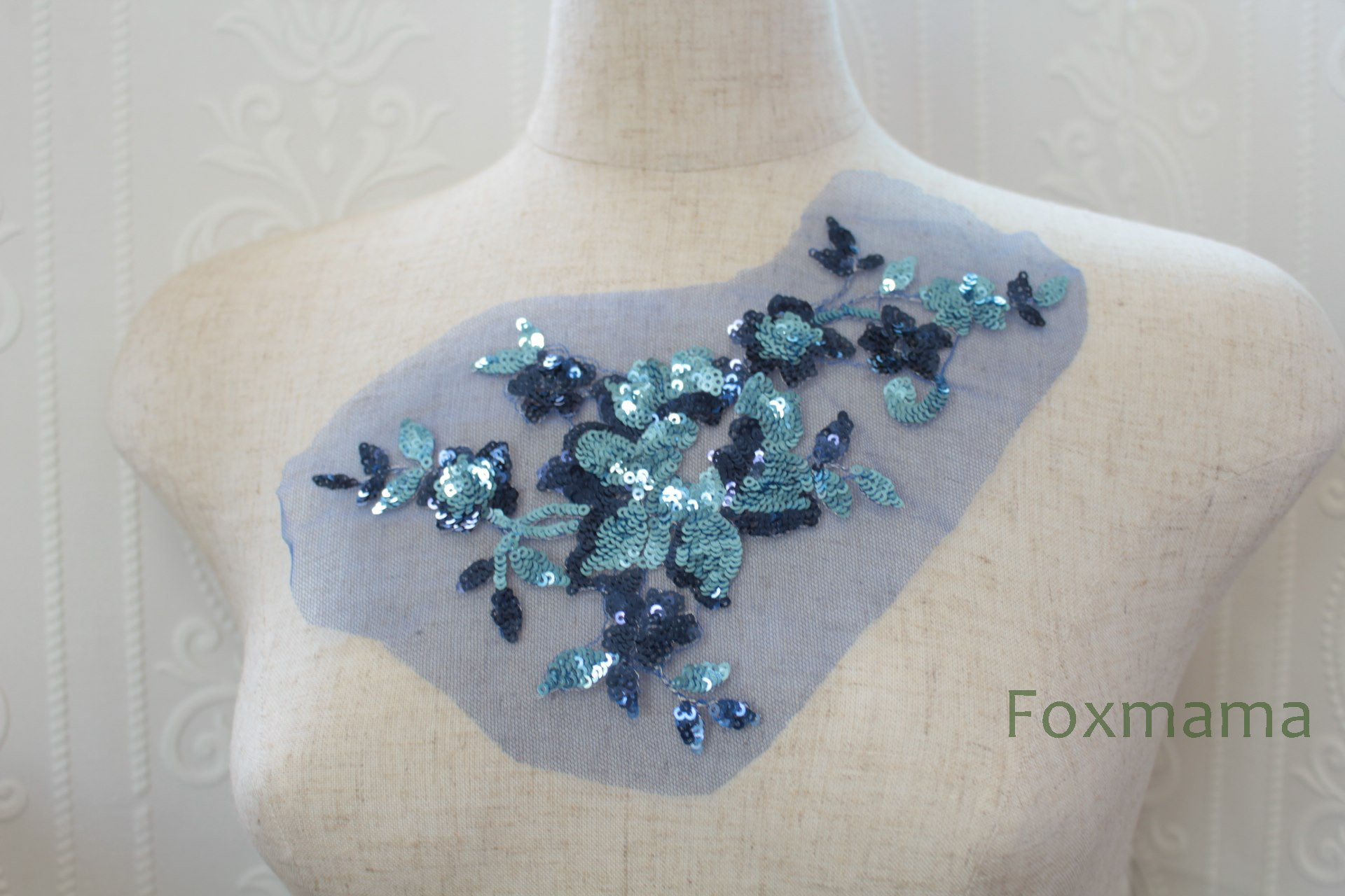 チュールスパンコール刺繍モチーフ 1枚 花 フラワー 青系