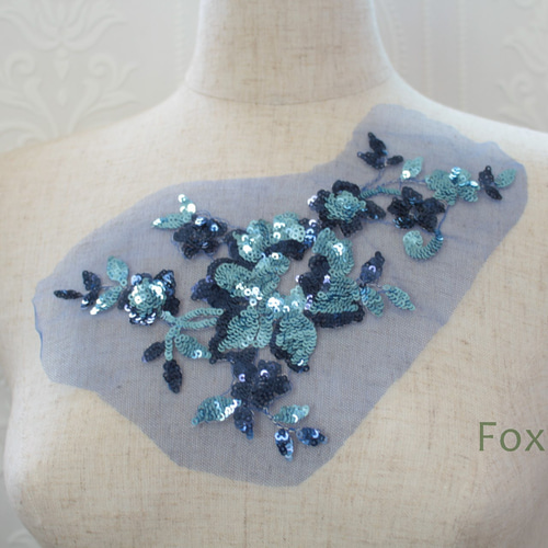 チュールスパンコール刺繍モチーフ 1枚 花 フラワー 青系
