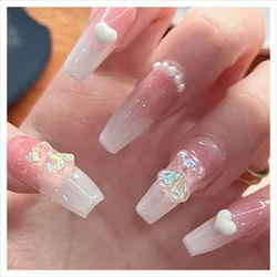 N443》既成ネイルチップ24枚セット 白 くま オーロラ パール