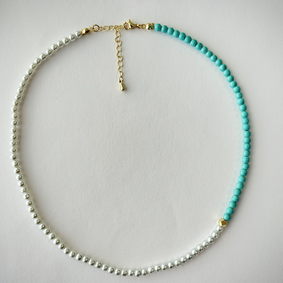 【Tシャツに！】完売！復活！再販41！ツートンカラーターコイズ×ホワイトパールビーズネックレス/ブレスレッド 3枚目の画像