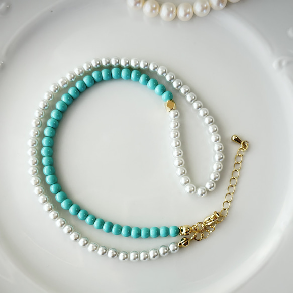 【Tシャツに！】完売！復活！再販41！ツートンカラーターコイズ×ホワイトパールビーズネックレス/ブレスレッド 2枚目の画像