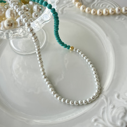 【Tシャツに！】完売！復活！再販41！ツートンカラーターコイズ×ホワイトパールビーズネックレス/ブレスレッド 6枚目の画像