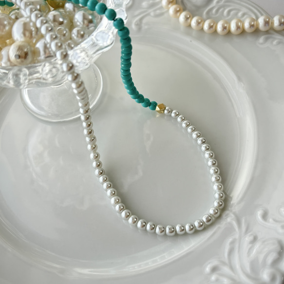 【Tシャツに！】完売！復活！再販41！ツートンカラーターコイズ×ホワイトパールビーズネックレス/ブレスレッド 6枚目の画像