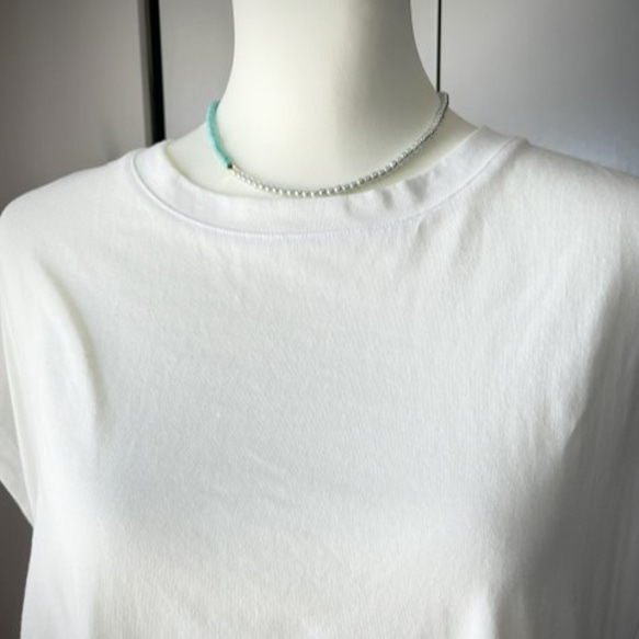 【Tシャツに！】完売！復活！再販41！ツートンカラーターコイズ×ホワイトパールビーズネックレス/ブレスレッド 7枚目の画像
