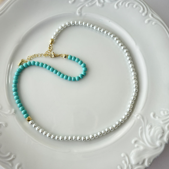 【Tシャツに！】完売！復活！再販41！ツートンカラーターコイズ×ホワイトパールビーズネックレス/ブレスレッド 1枚目の画像
