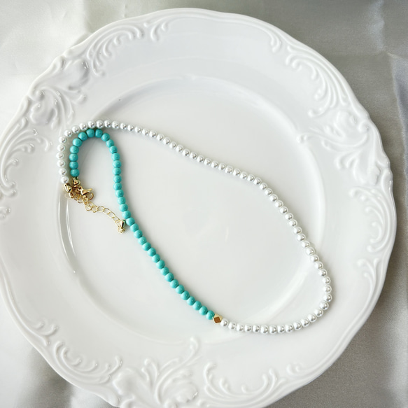 【Tシャツに！】完売！復活！再販41！ツートンカラーターコイズ×ホワイトパールビーズネックレス/ブレスレッド 5枚目の画像
