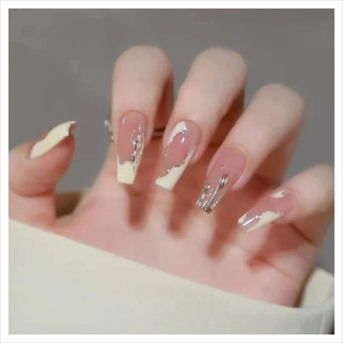 N462》既成ネイルチップ24枚セット 白 ニュアンス シルバー ミラー