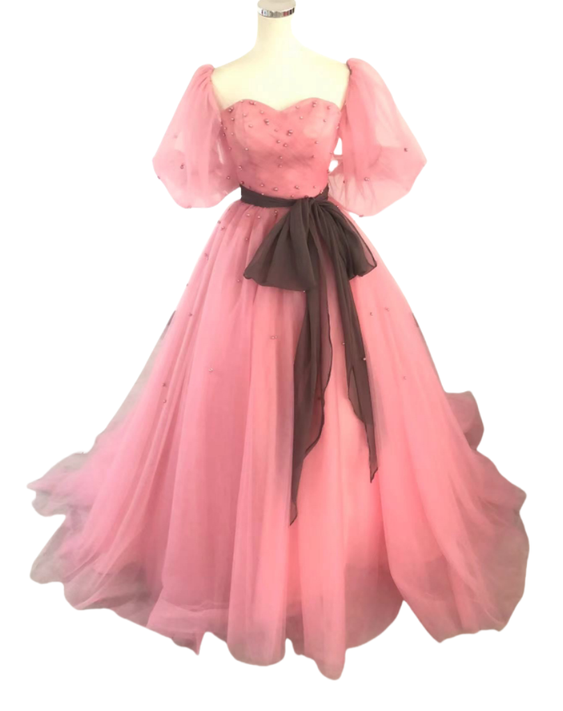 可愛い (๑＞ڡ＜)✿ カラードレス ピンク 上質オーガンジー サッシュベルト ふわふわ袖 パール 前撮り