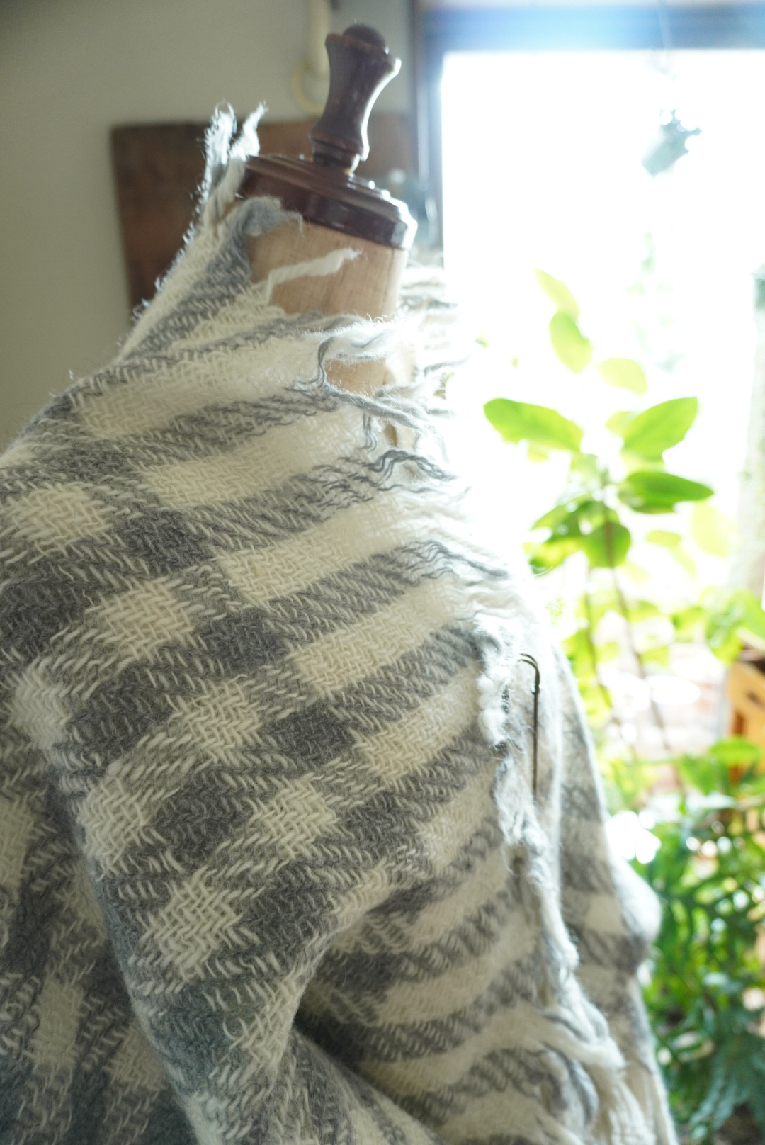 ホームスパン 羽織り物　ギンガムチェック　ナチュラルグレー