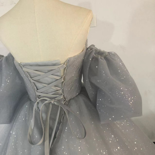 ライトブルー カラードレス 可愛い ベアトップ ベアトップ キラキラ  