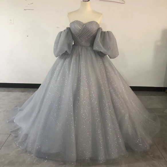 ライトブルー カラードレス 可愛い ベアトップ ベアトップ キラキラ  