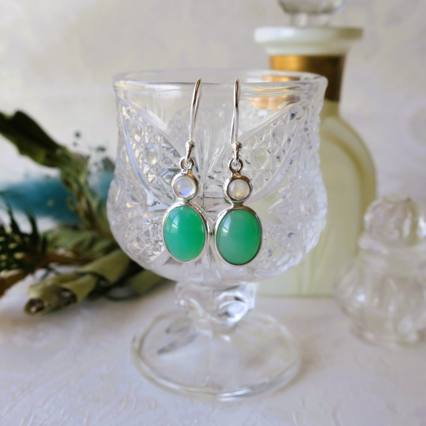 クリソプレーズ＋ブルームーンストーン ピアス オーストラリア翡翠  両耳｜天然石ジュエリー ×  夏の誕生石2025