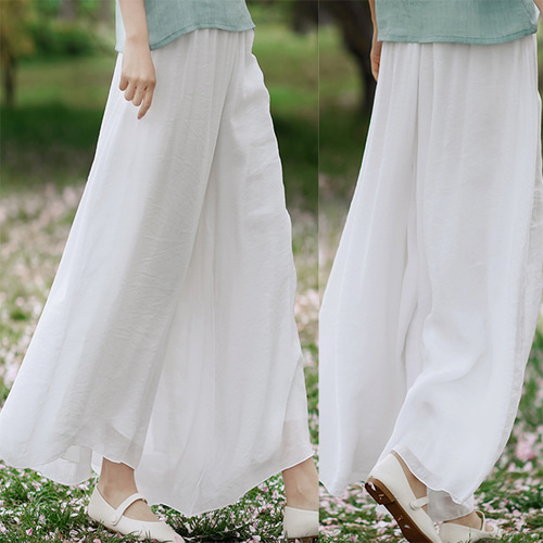 ホワイトワイドパンツ 涼しい裏付きワイドパンツ ゴムウエスト