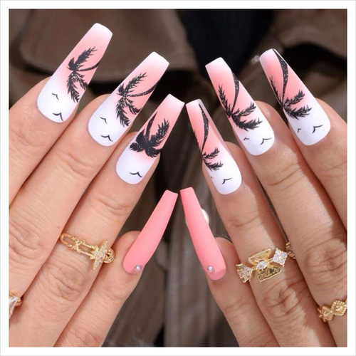 N473》既成ネイルチップ24枚セット ヤシの木 夏 パームツリー オレンジ