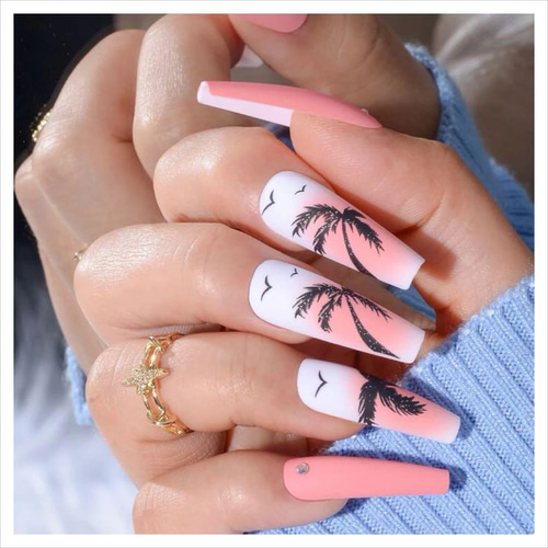 N473》既成ネイルチップ24枚セット ヤシの木 夏 パームツリー オレンジ