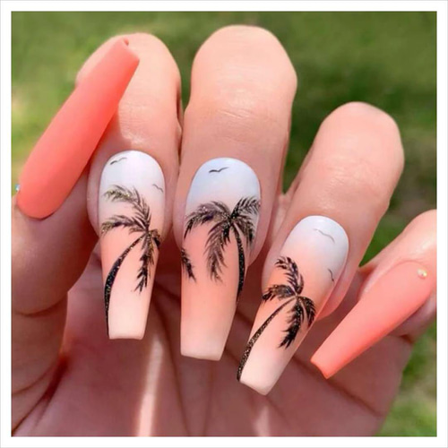 N473》既成ネイルチップ24枚セット ヤシの木 夏 パームツリー オレンジ