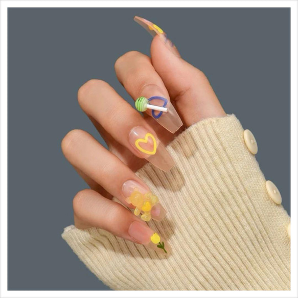 N483》既成ネイルチップ24枚セット 黄色 青 キャンディー ポップ