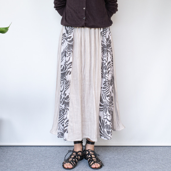 リネンガーゼのシックなロングスカート【グレージュ×グレー花柄・W62-85・ウエストゴム・共布リボン】 素材