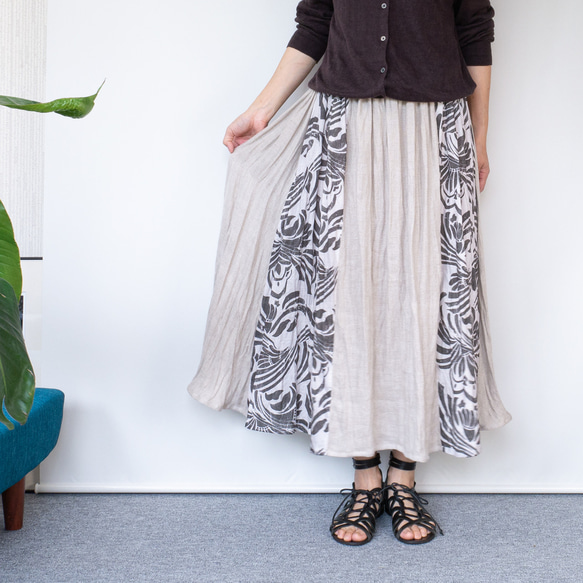 リネンガーゼのシックなロングスカート【グレージュ×グレー花柄・W62-85・ウエストゴム・共布リボン】 素材