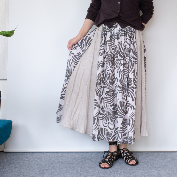 リネンガーゼのシックなロングスカート【グレージュ×グレー花柄・W62-85・ウエストゴム・共布リボン】 素材