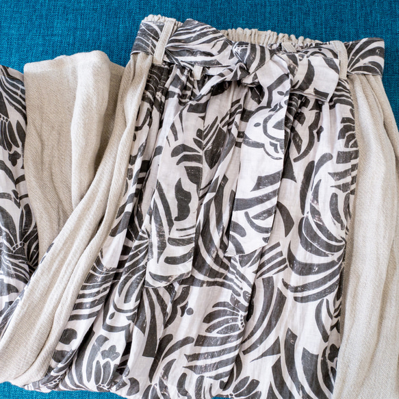 リネンガーゼのシックなロングスカート【グレージュ×グレー花柄・W62-85・ウエストゴム・共布リボン】 素材