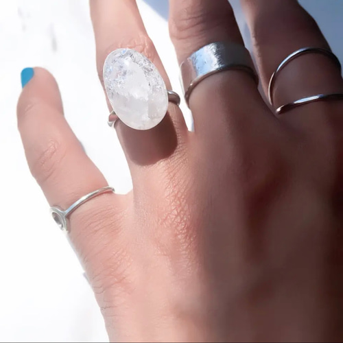 大ぶり ヴィンテージ 風 ハンドメイド リング 天然石 クラック 水晶 