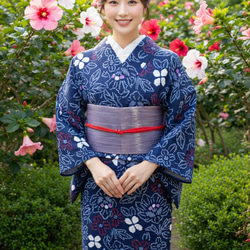 ◇現代 有松鳴海絞 浴衣◇【濃紺 紫赤】豪華な花々の小紋柄が小柄な方