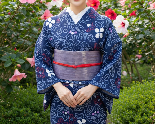 有松鳴海絞り★黒地赤水玉柄浴衣 ◇現代 有松鳴海絞 浴衣◇【濃紺赤紫】斜めにはしる傘絞りの幾何学模様