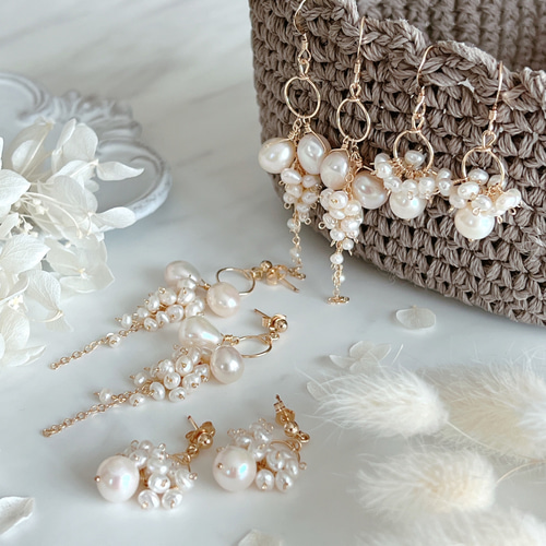 14kgf】淡水パール*シャワーピアス ピアス(フック・チェーン 14kgf】淡水パール*シャワーピアス ピアス(フック・チェーン
