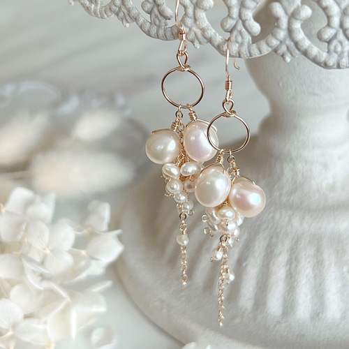 14kgf】淡水パール＊シャワーピアス ピアス（フック・チェーン