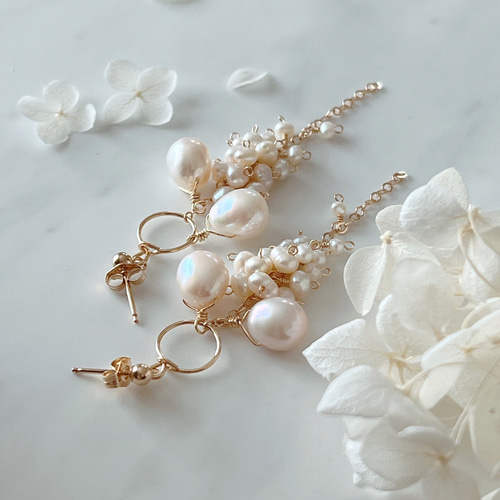 14kgf】淡水パール＊シャワーピアス ピアス（フック・チェーン