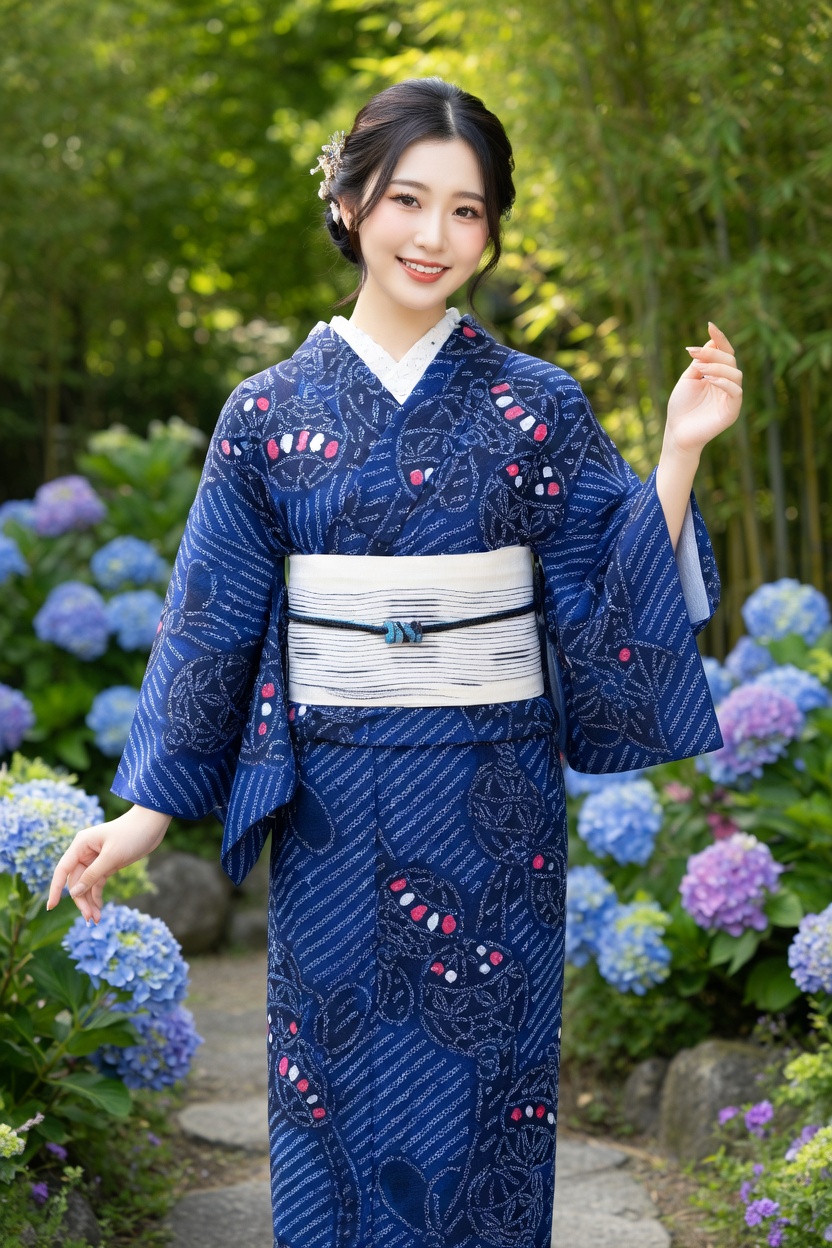 ◇現代 有松鳴海絞 浴衣◇【濃紺紺桃】手毬柄がエキゾチックな雰囲気