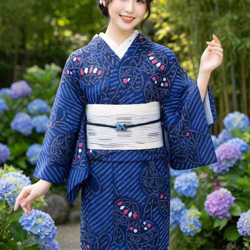 N4 希少トールサイズ◆高級 有松鳴海総絞り 花柄　流線　浴衣 濃紺　藍色 ◇現代 有松鳴海絞 浴衣◇【濃紺紺桃】手毬柄がエキゾチックな雰囲気