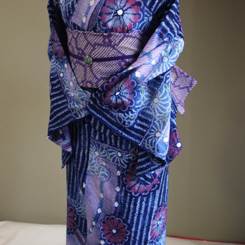 ◇現代 有松鳴海絞 浴衣◇【濃紺 他】雨にけぶる花絵巻 幻想的な