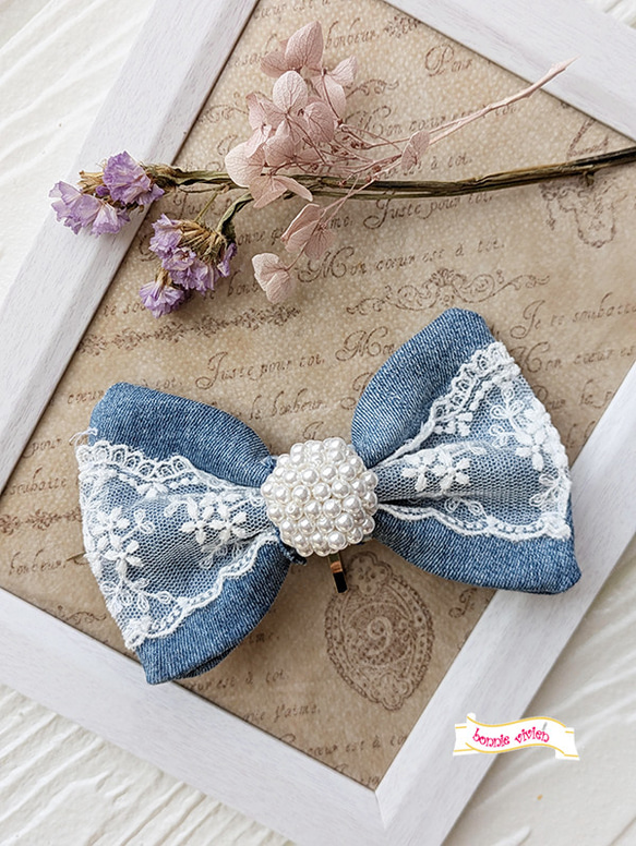 デニムリボンとパールのヘアゴム ポニーフック・ヘアカフス ボニビビ