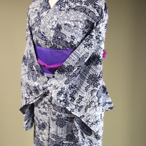 手染め藍染 型染浴衣 スモールサイズ濃紺 霞に上品な小紋柄 小柄