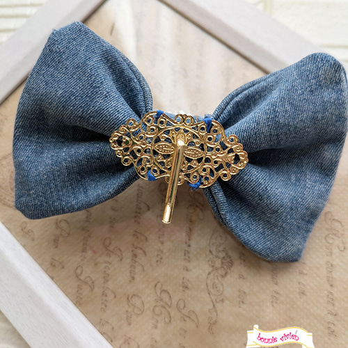 デニムリボンとフリルレースとパールのヘアゴム ポニーフック