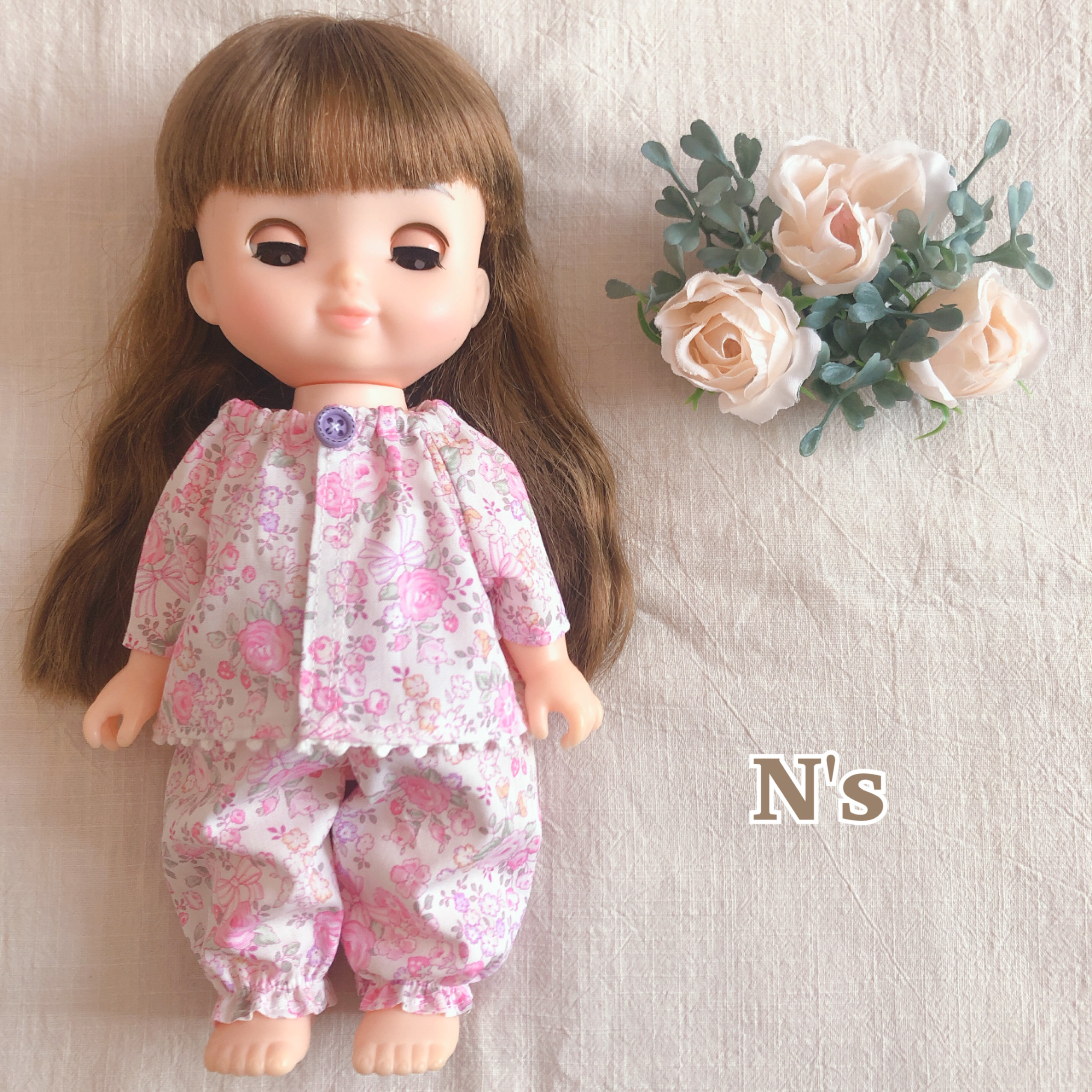 ハンドメイド　ソランちゃん　パジャマ　半袖セット　小花柄ワッフルニット