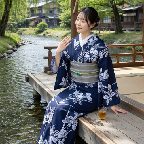 手染め藍染 型染浴衣 濃紺 山アジサイに菖蒲の葉が夏に清涼を誘う お袖